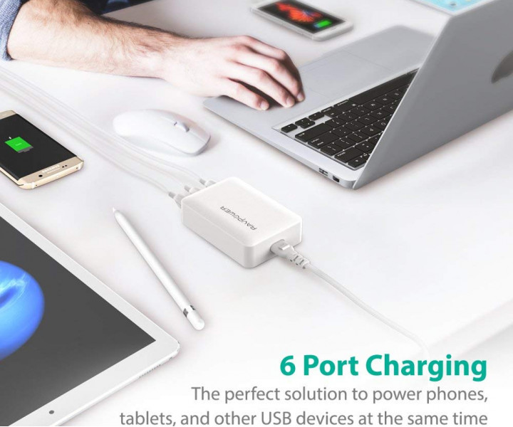 RAVPower Qualcomm Quick Charge 3.0 60W 12A 6-Port USB Charging Station with iSmart White (RP-PC029WH)